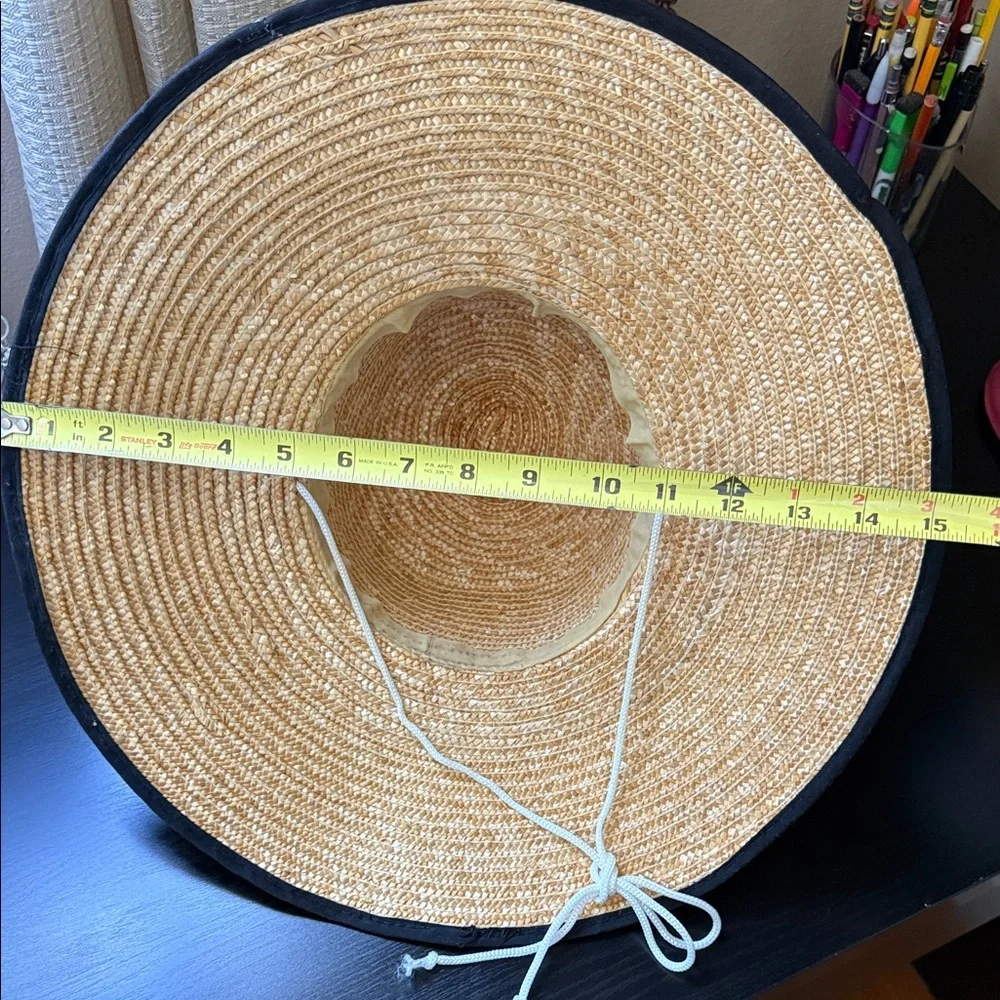 Natural Straw Wide Brim Hat with Black Trim and tie unisex